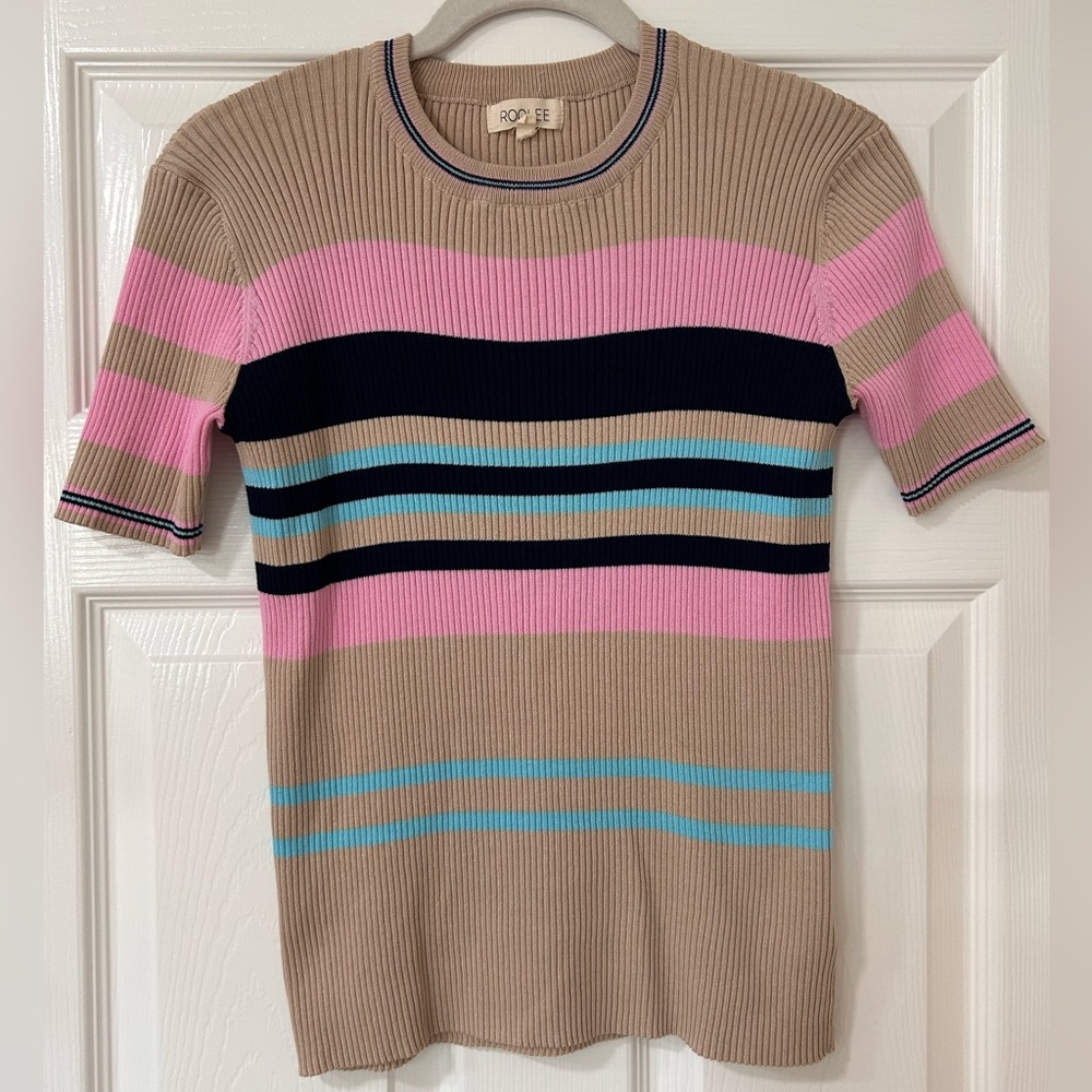 Roolee Ribbed Knit Sweater with Blue & Pink Stripes